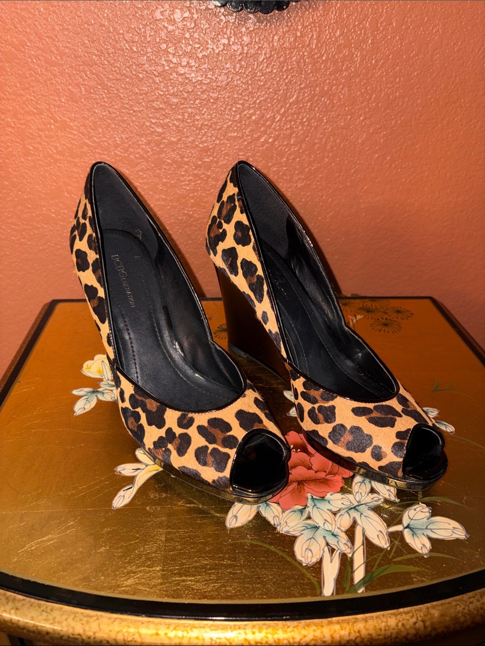 BCBG Leopard Print Peep-Toe Wedges with Black Trim